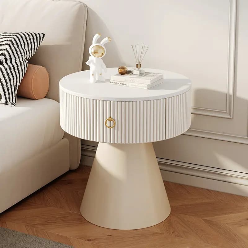 Table de chevet moderne blanche minimaliste avec lampe horloge et pieds ronds, organisateur, table d