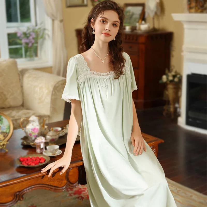 Femmes été manches courtes vêtements de nuit en coton dentelle française col carré chemise de nuit a