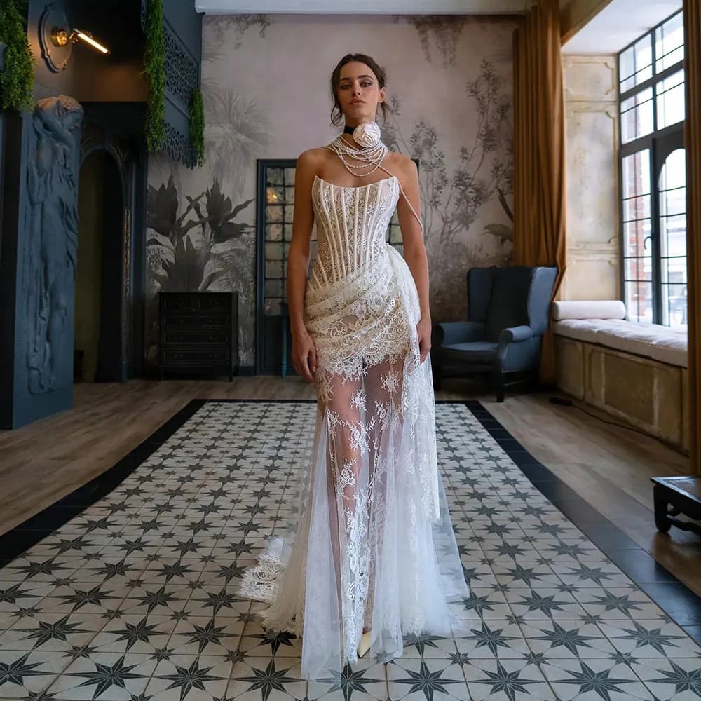 Luxe bretelles Corset pure dentelle robe de mariée sirène robe de mariée Vintage Loft cérémonie robe