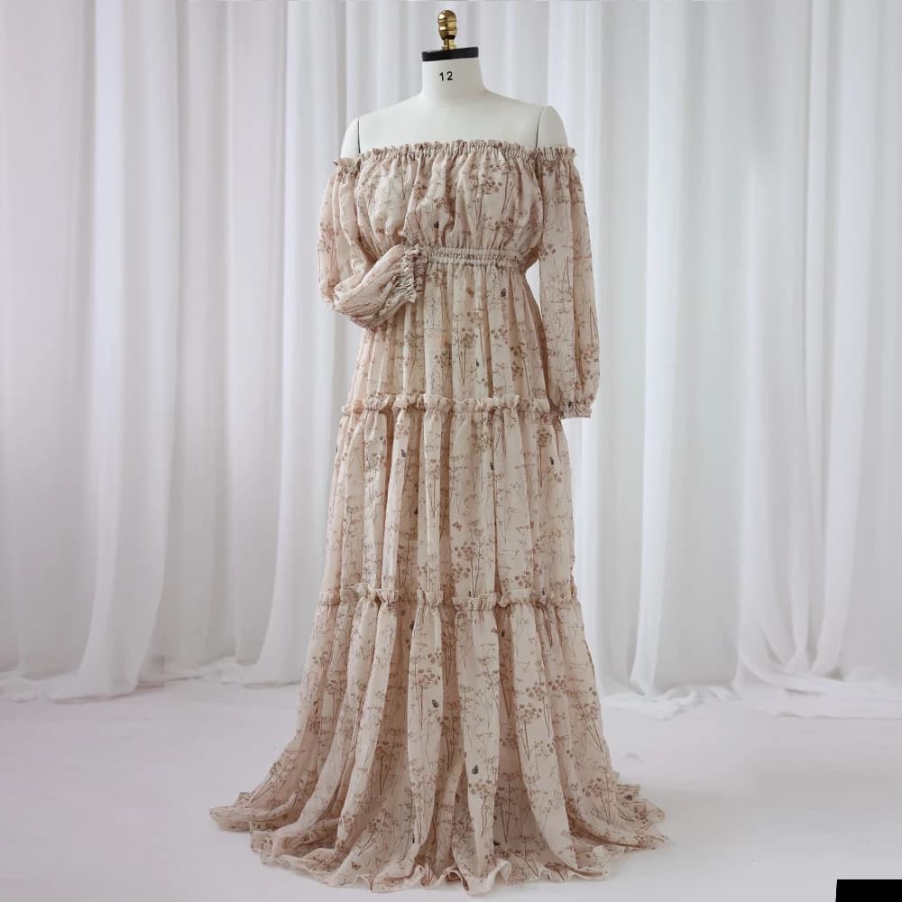 Robe de grossesse bohème pour séance Photo, en mousseline de soie imprimée, élégante, épaules dénudé