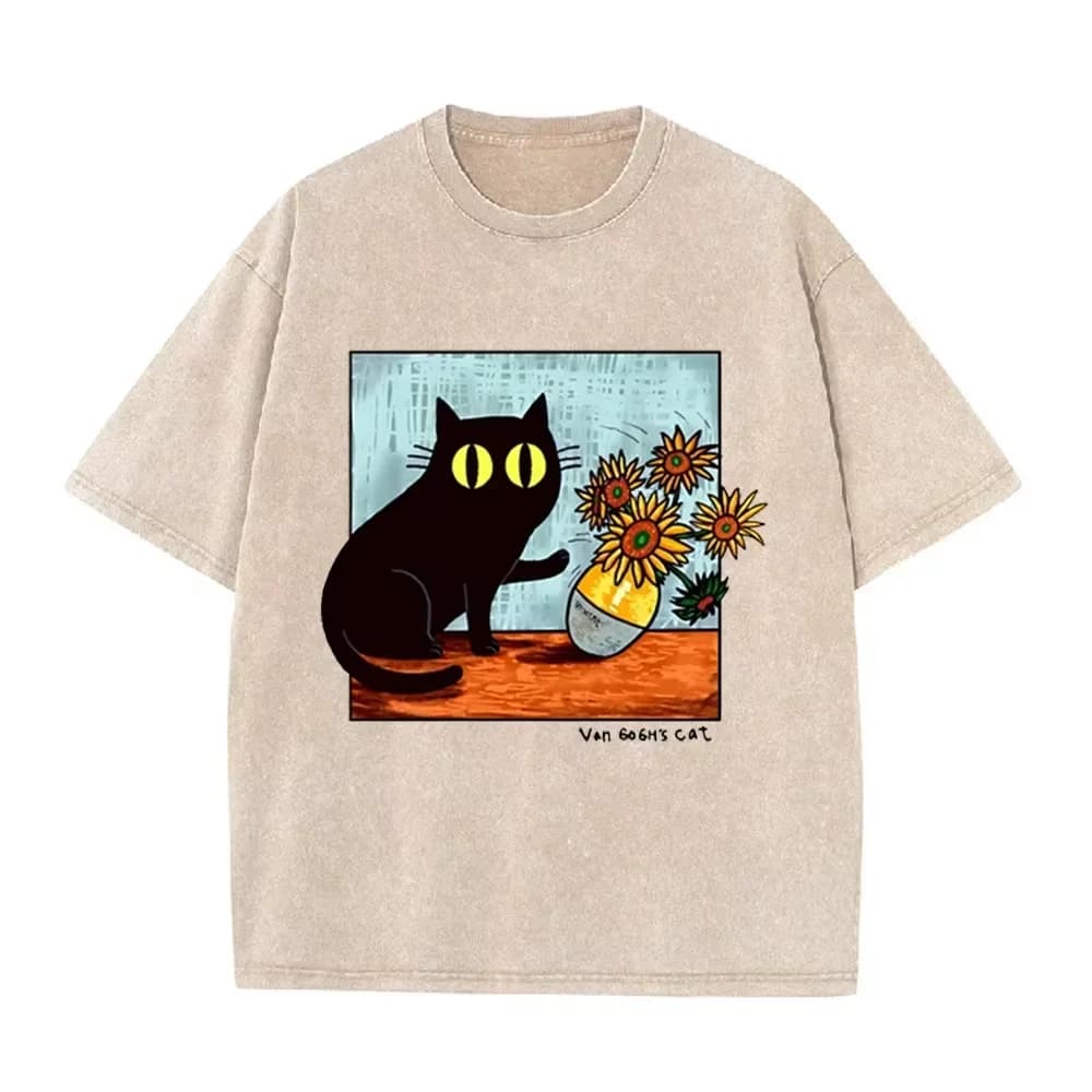 T-shirt graphique décontracté bleu délavé vintage avec impression « Chat d'art amusant » inspiré de