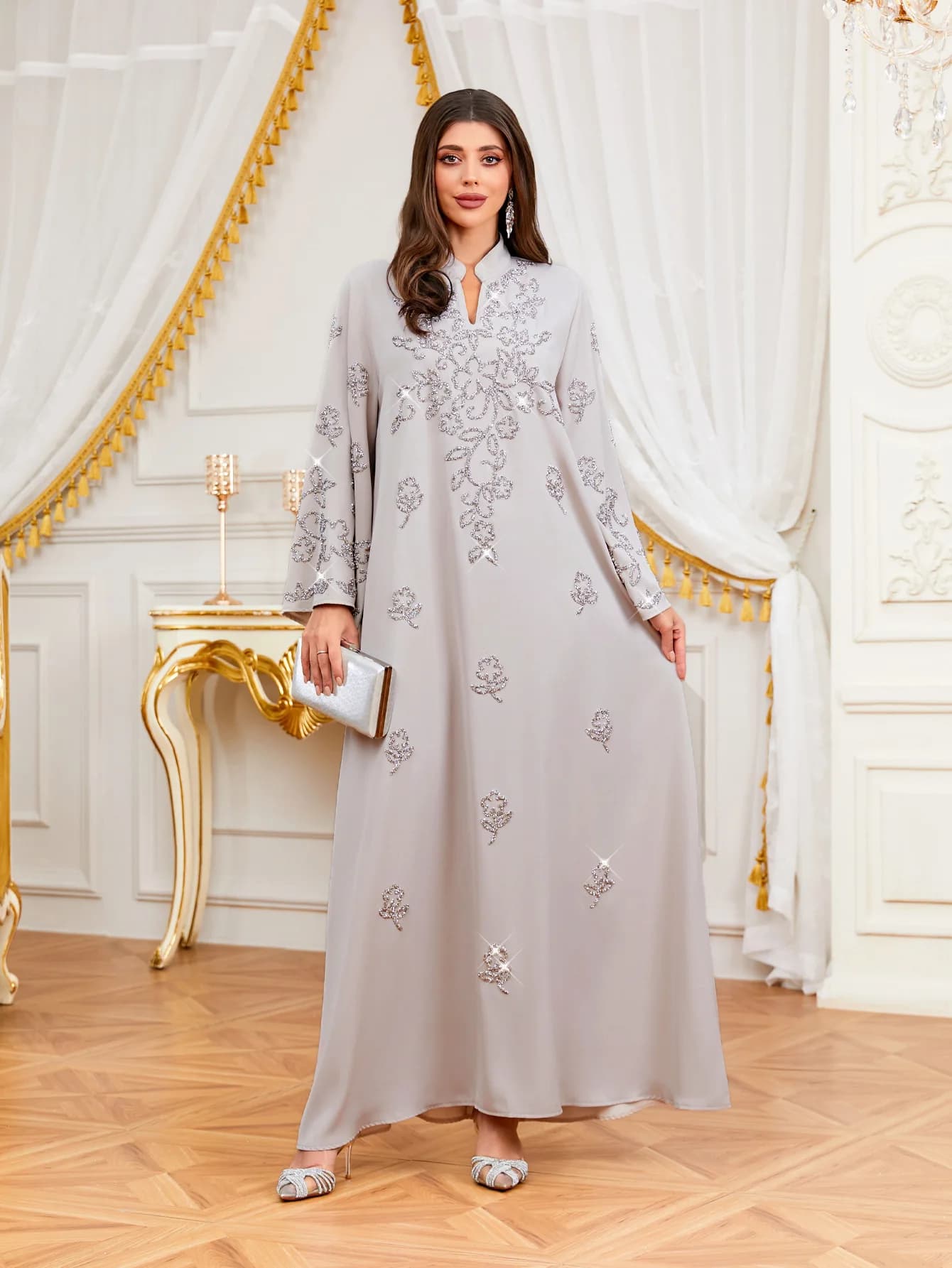 Robe Abaya Musulmane pour Femme 2026, Robe Longue de Soirée Ramadan, Magnifique, Luxe, Diamants, Ves