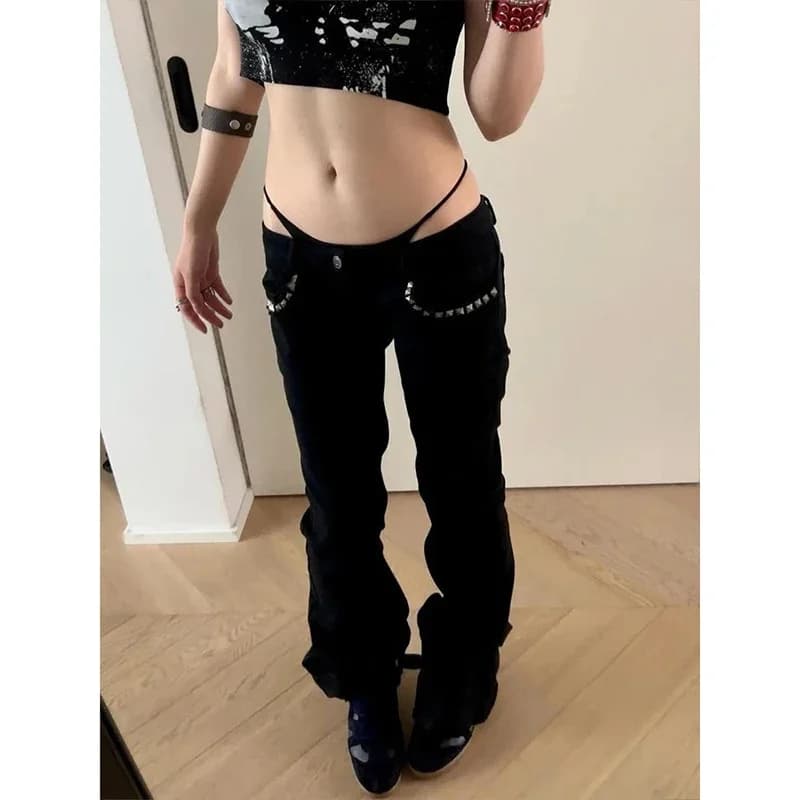 Jean évasé Vintage noir taille basse pour femmes, pantalon en Denim américain rétro Rivet Slim des a