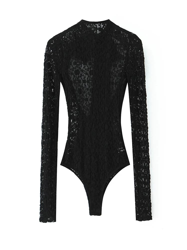 Body Sexy en dentelle noire ajouré à manches longues pour femmes, dos nu, avec nœud, Slim, élastique