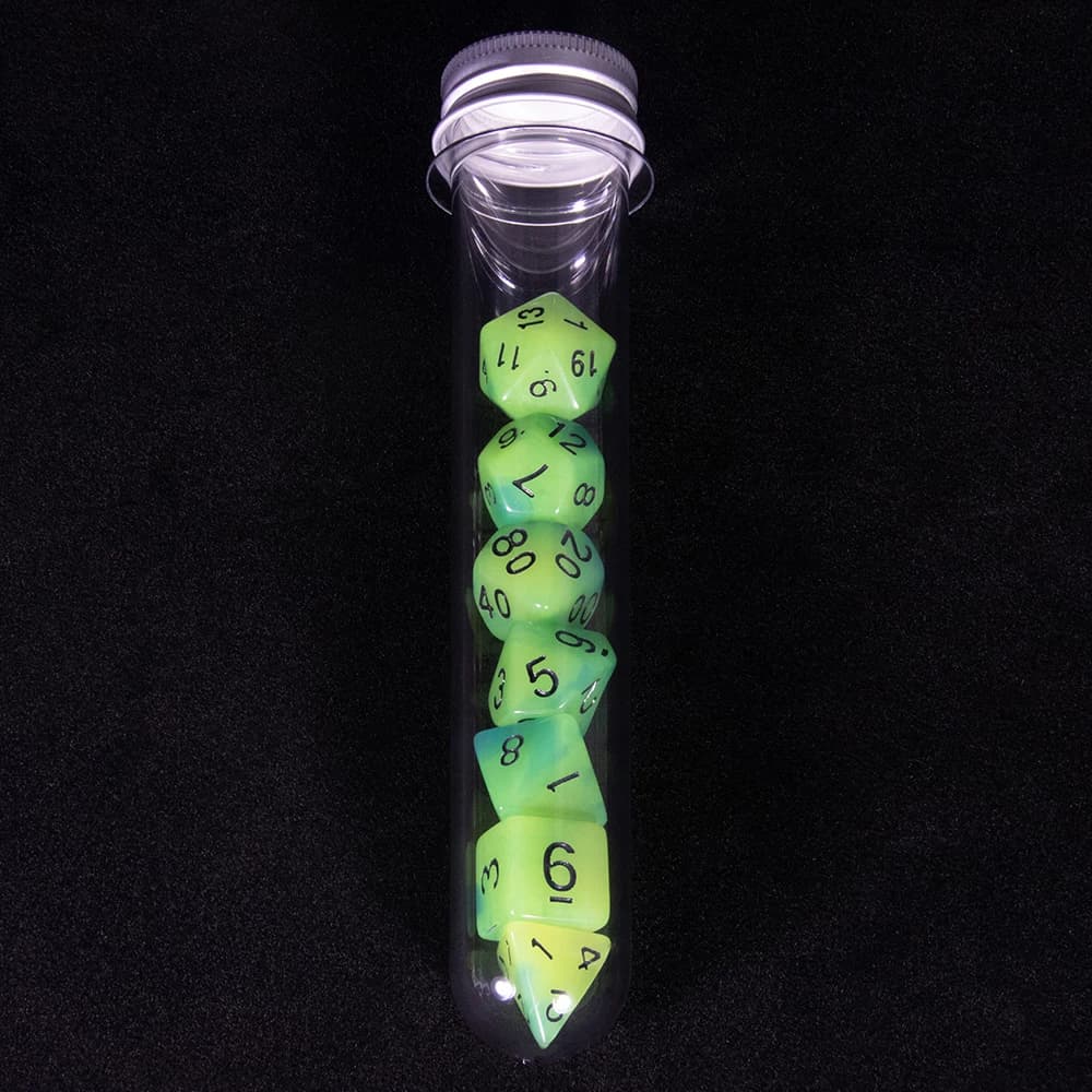 Jeu de dés polyédriques phosphorescents avec tube, dés pour petit-déjeuner du MDN, divertissement de