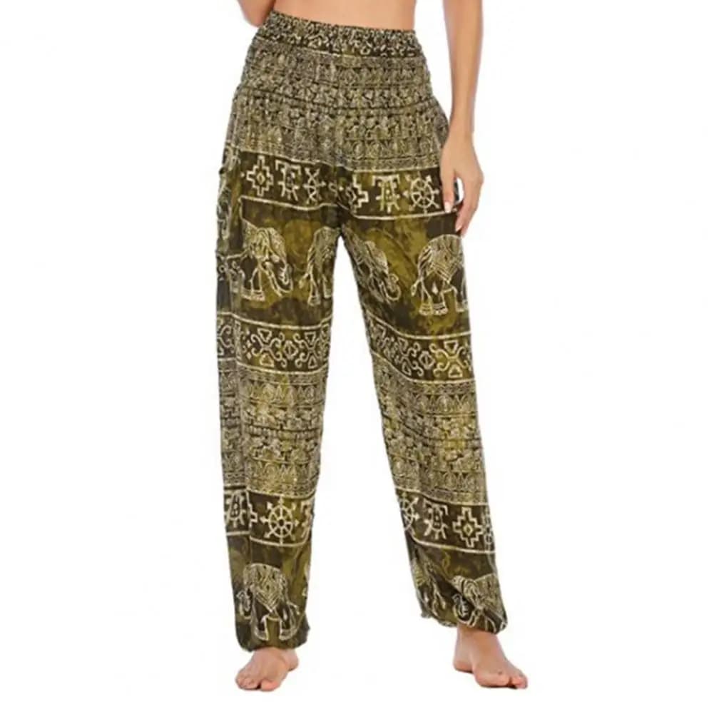 Pantalon sarouel imprimé éléphant thaïlandais pour femme, taille élastique large, pantalon bouffant