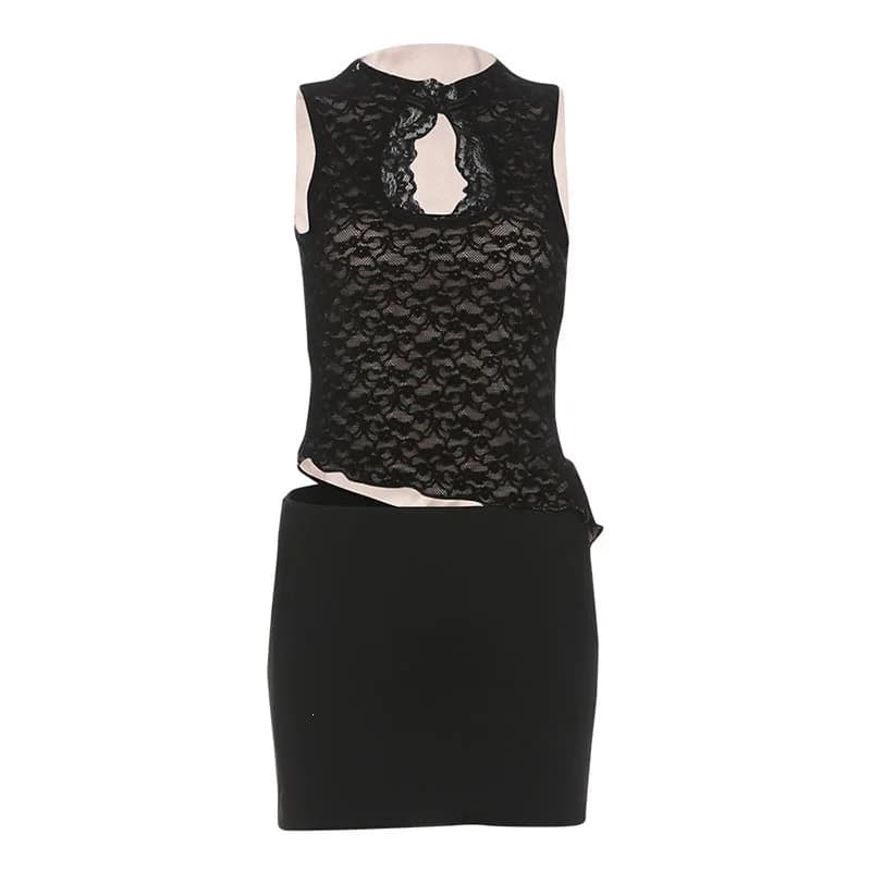 Robe Courte Sexy en Dentelle à Col Semi-Montant pour Femme, Modèle Évidé Sans Manches, Style Streetw