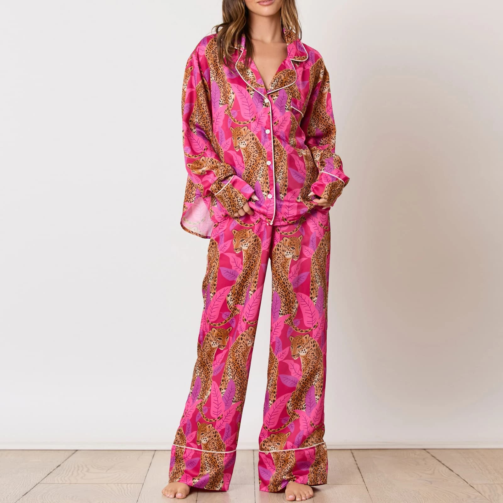 Hirigin-Ensemble pyjama imprimé léopard pour femme, col à revers, manches longues boutonnées, pantal