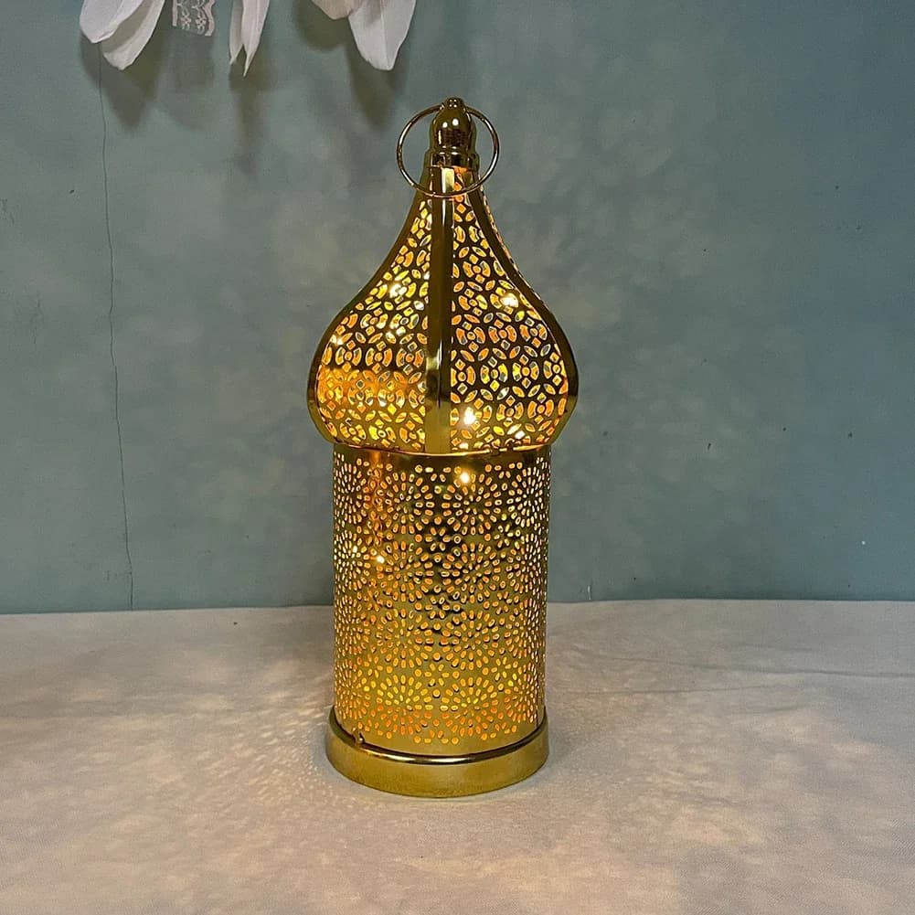 Lanterne marocaine en fer creux doré, 1 pièce, décoration de maison du Ramadan, ornements lumineux,