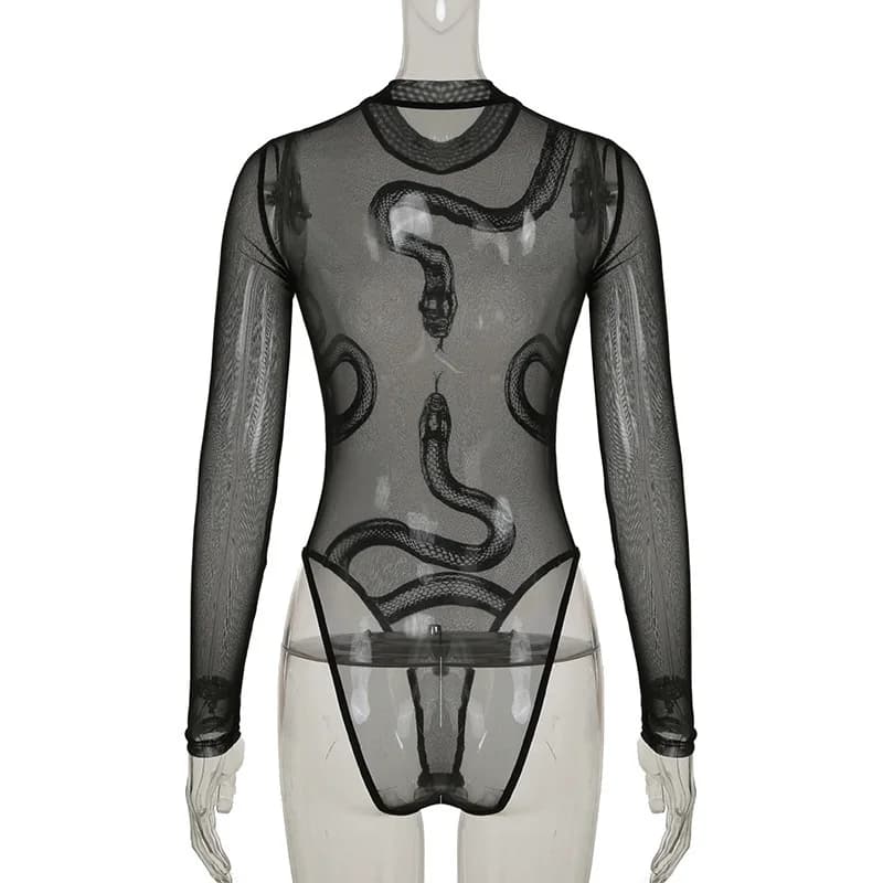 Combinaison en maille transparente à imprimé serpent noir pour femme, manches longues, col montant,
