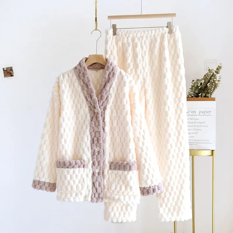 Pyjama en molleton de corail pour femme, épais, Style chaud, ensemble doux, flanelle, vêtements de m