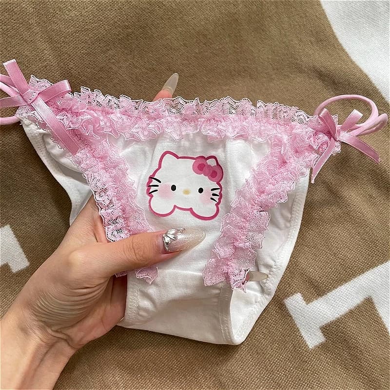 Culottes sexy et mignonnes Hello Kitty pour filles, lingerie féminine Sanrio en dentelle, taille bas