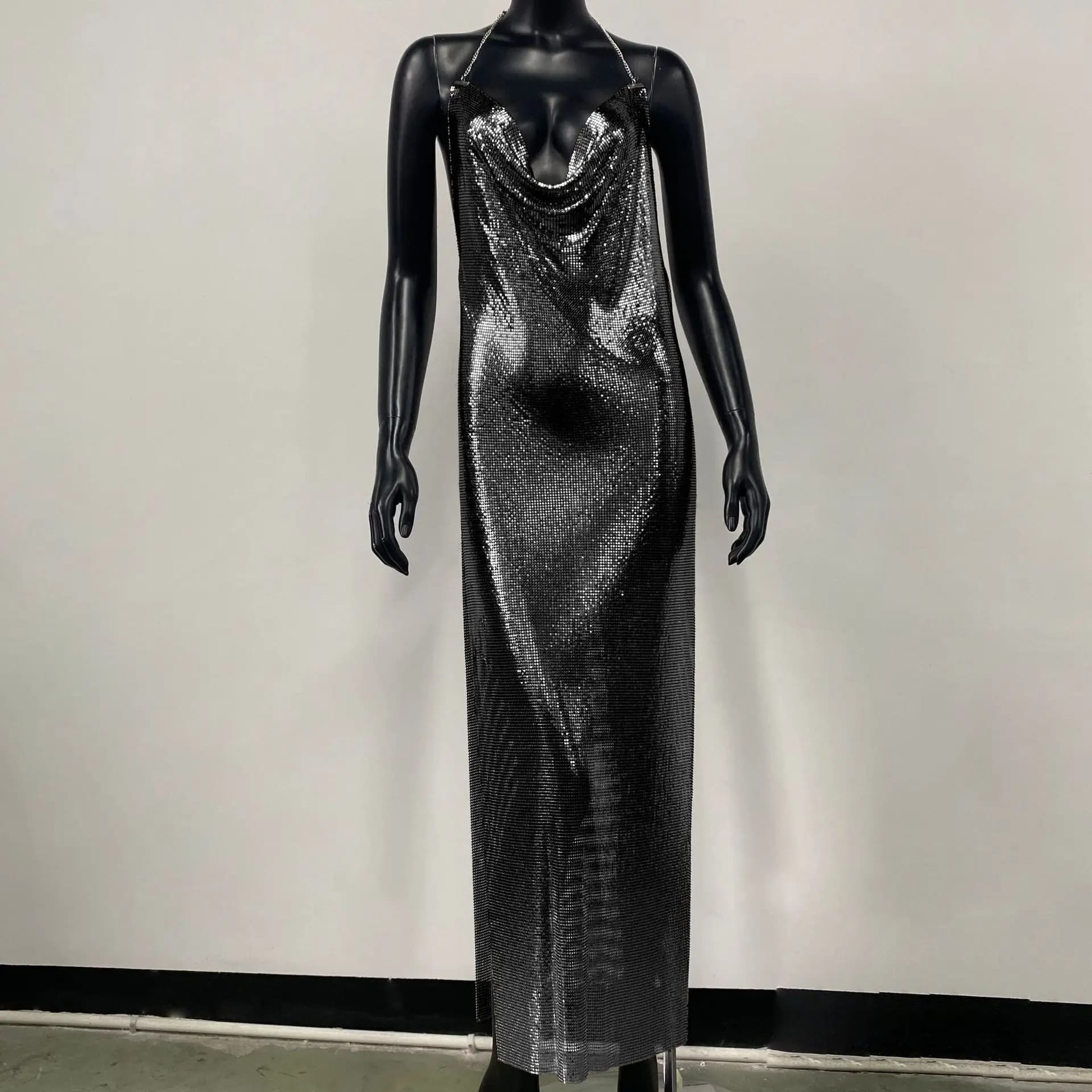 Robe longue sexy pour femme, dos nu, à fente haute, style licou, doré/argenté, collection 2025, styl