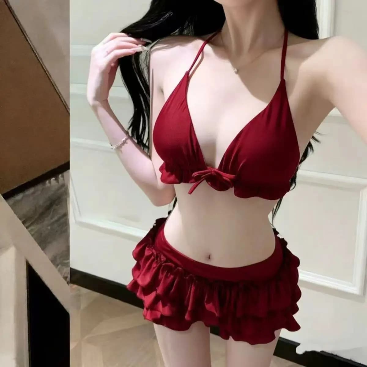 Maillot de bain trois pièces Sweet Girl pour femme, bikini sexy avec jupe cache-cœur, idéal pour les