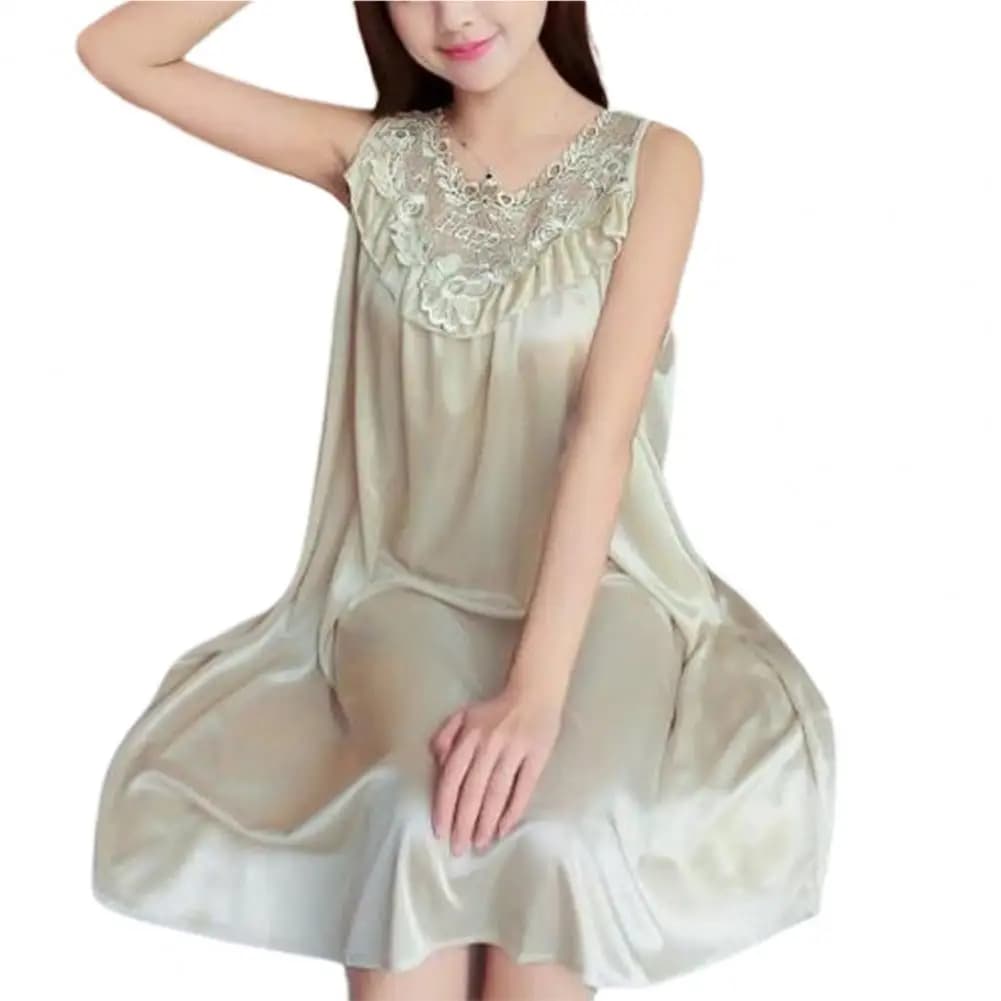 Glace soie Satin femmes chemise de nuit sans manches dentelle couture grande robe de nuit Sexy vêtem