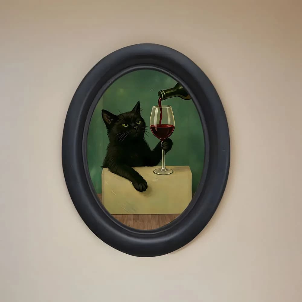 1 décoration murale représentant un chat noir légèrement ivre buvant du vin rouge, une peinture déco