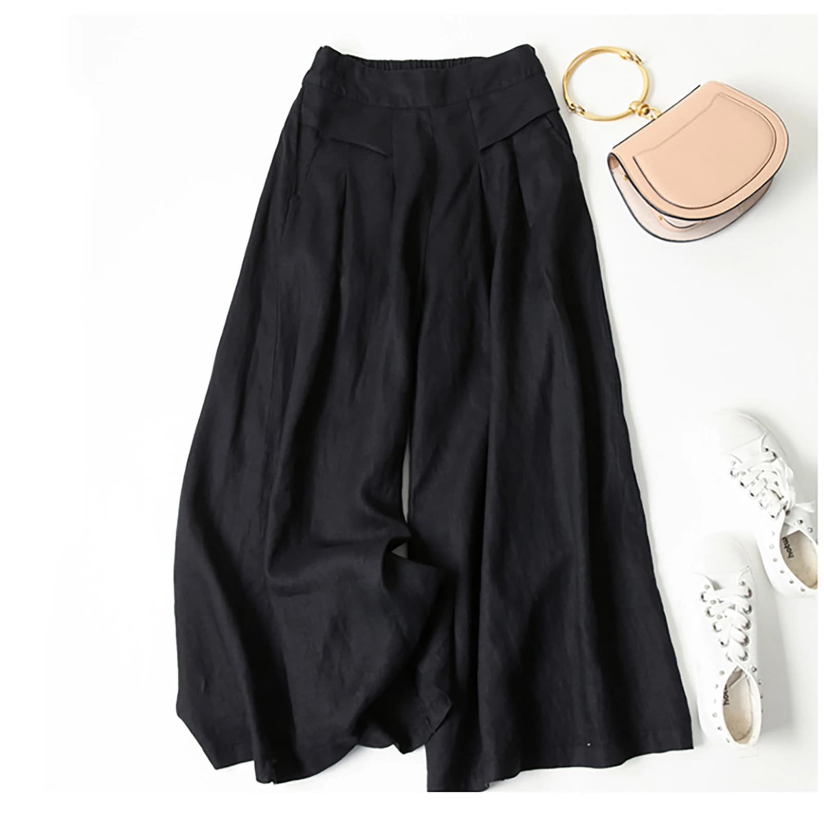 Culottes d'été pour femmes en coton et lin, pantalon large à taille élastique, style palazzo décontr