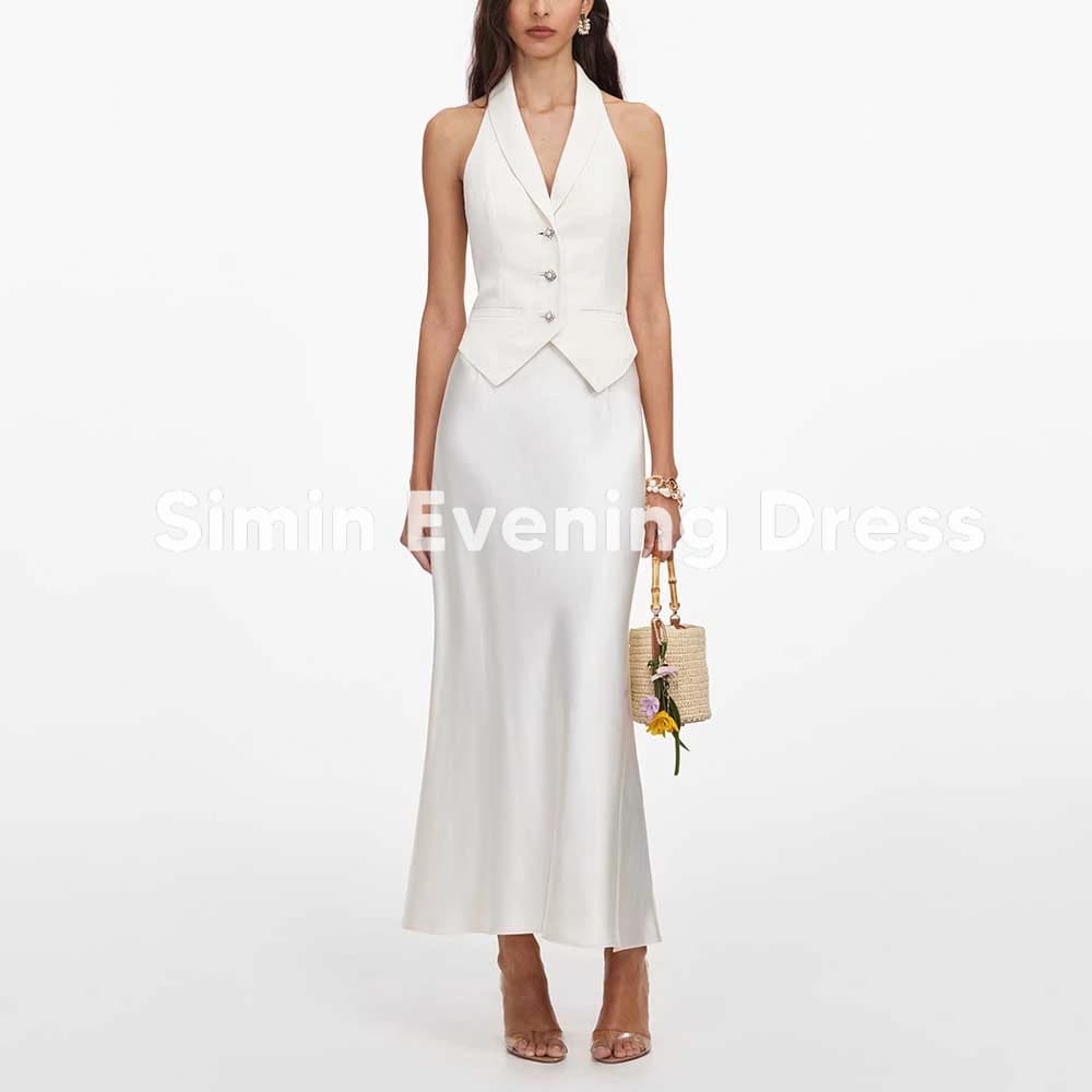 Simin – ensemble de robe de soirée chic blanche pour femmes, blazer à col licou avec jupe mi-longue