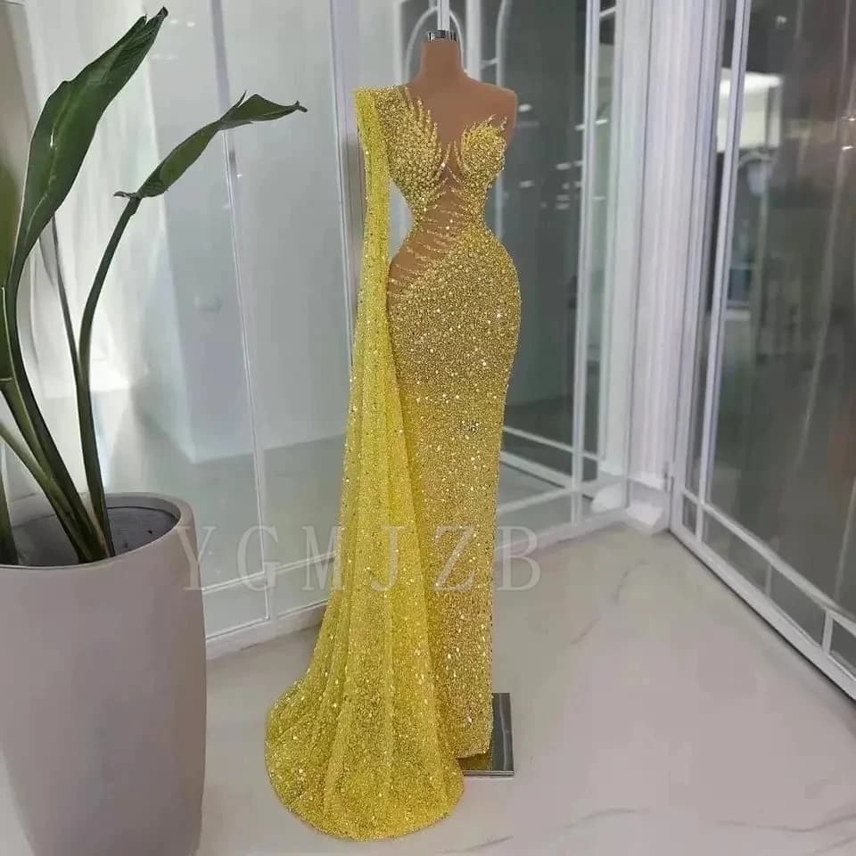 Robe de soirée longue jaune de luxe, style sirène, perlée, avec traîne latérale longue, robe de bal