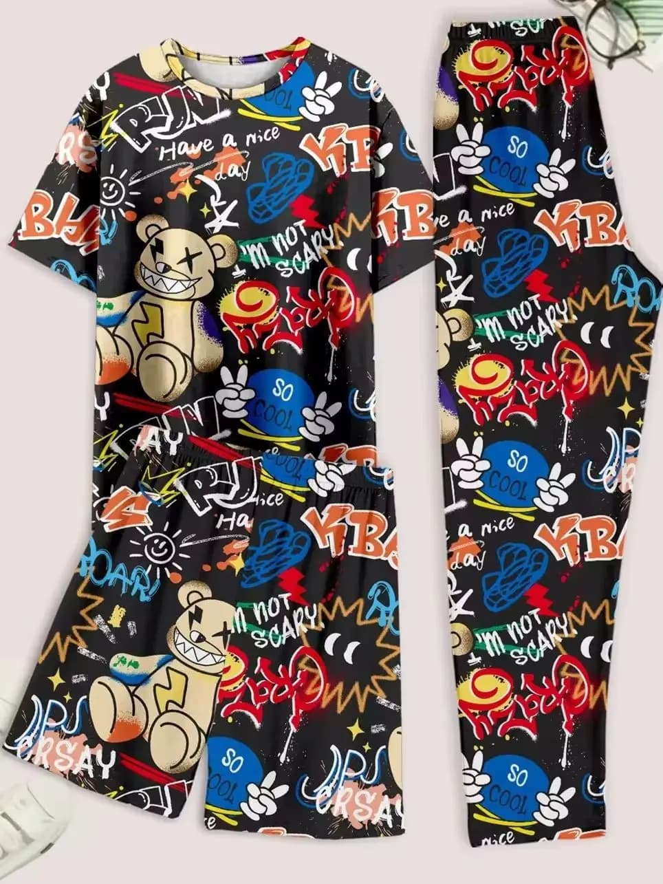 Ensemble pyjama décontracté pour hommes, 3 pièces, T-shirt à manches courtes imprimé ours, short et