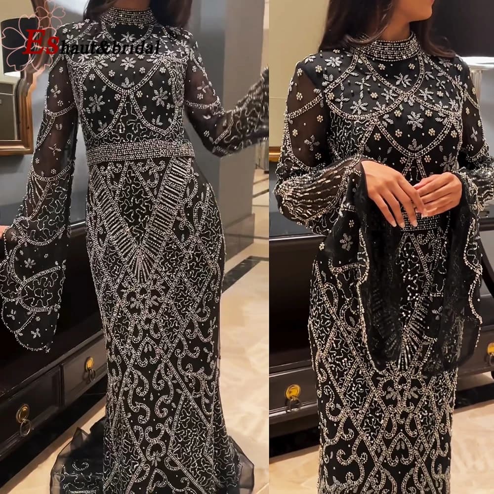 Robe de soirée élégante perlée de style Dubaï pour femme musulmane, avec manches longues évasées, co