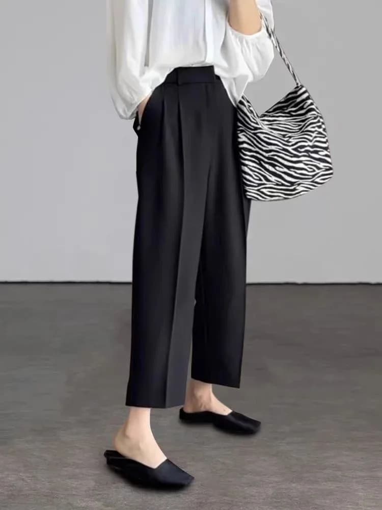 Pantalon de costume élégant noir et gris pour femme, longueur cheville, taille haute, style harem, a