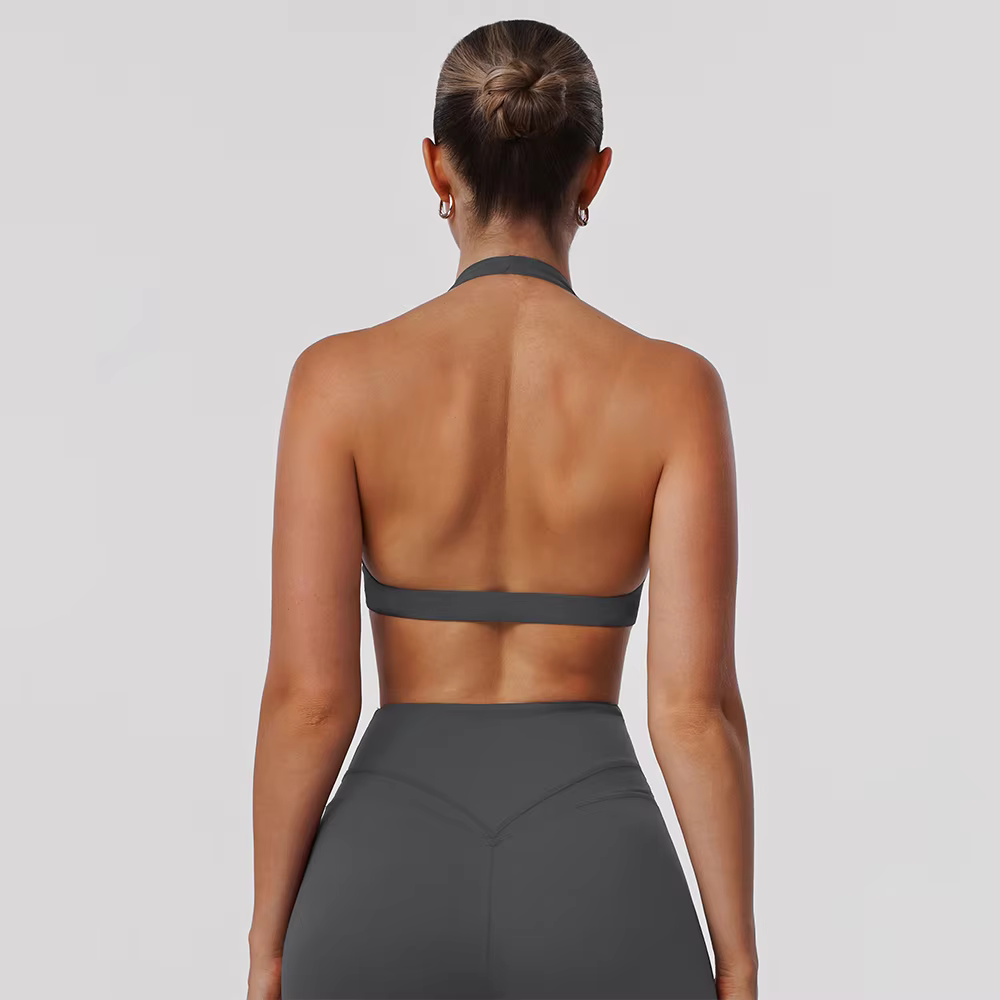 Soutien-gorge de sport pour femme, dos nu, style halter torsadé, col en V, rembourré, couleur unie,