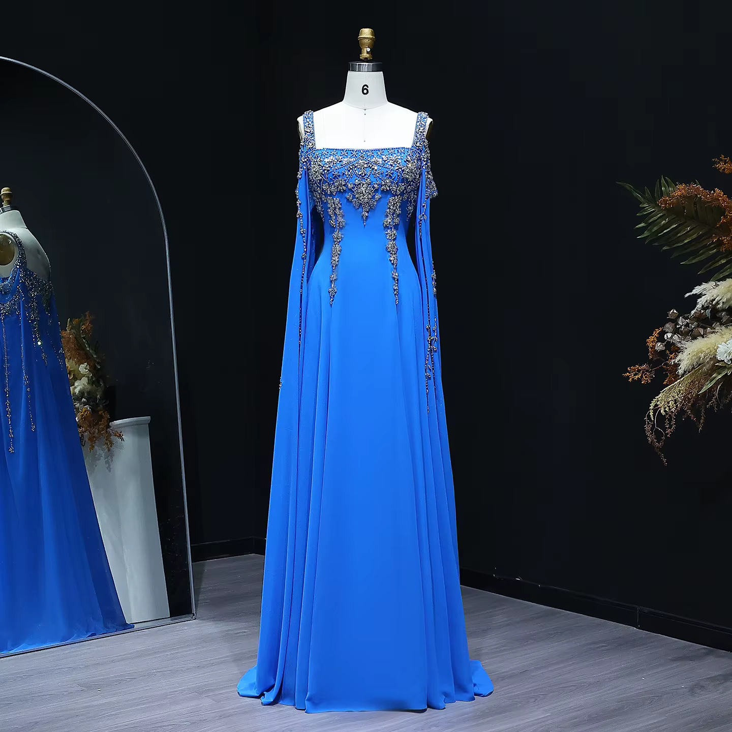 Sharon dit frappant cristal jaune luxe arabe robe de soirée avec manches Cape fluide robes de mariée