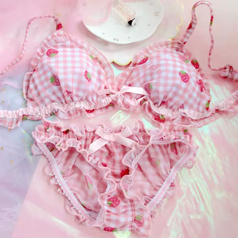 Lolita — Ensemble soutien-gorge et culotte imprimé fraise, lingerie pour filles japonaises