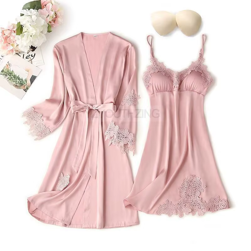 Ensemble pyjama Pour femmes dentelle garniture Satin vêtements de nuit Pyjamas Pour Femme vêtements 