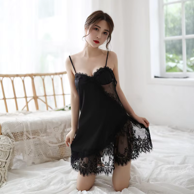 Robe de nuit en dentelle sexy pour femmes, vêtements de nuit en satin, chemise de nuit pour femmes, 