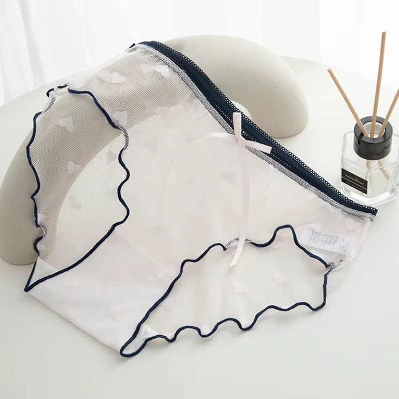 Culotte en dentelle transparente et Sexy pour femme, culotte taille basse, avec ruban, sous-vêtement