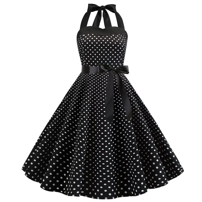 Robe Sexy rétro blanche à pois, Hepburn, Vintage, col licou, Robe de soirée, années 50 et 60, Pin Up
