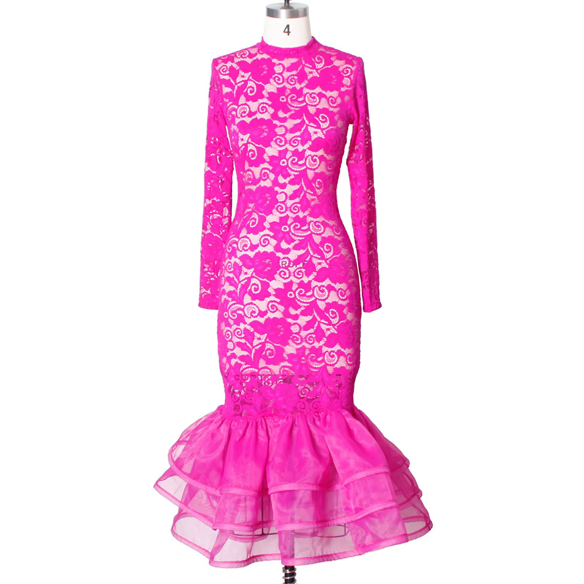 Robe de soirée en dentelle rose sexy pour femmes, manches longues sirène, taille haute, boîte de nui
