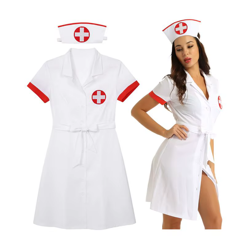 Costume d'infirmière sexy pour femme, uniforme à manches courtes, robe à col à revers, chapeau de ce