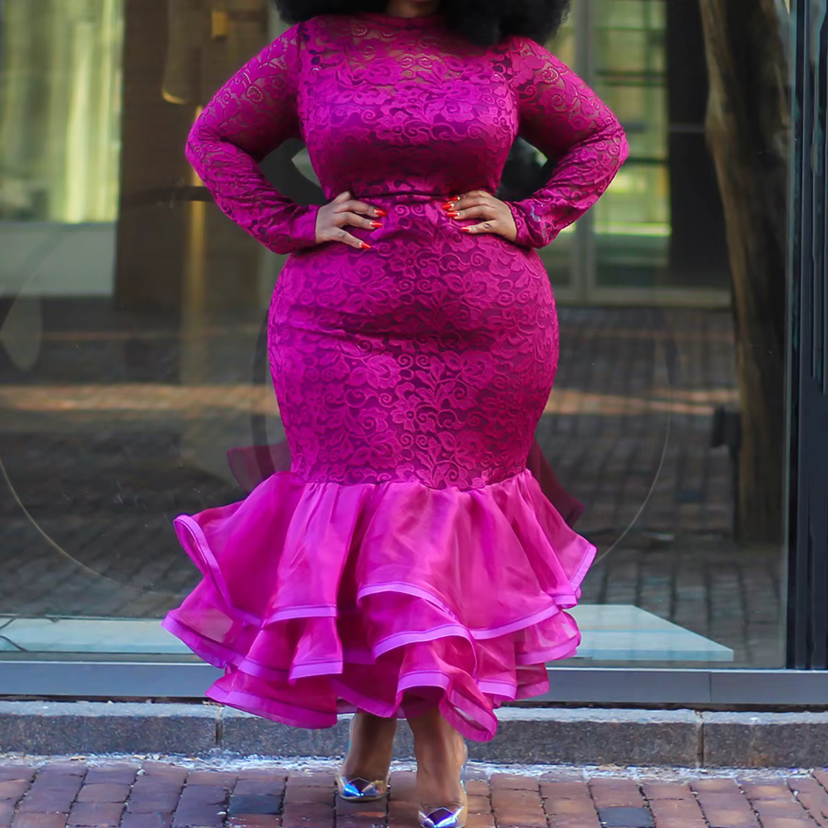 Robe de soirée en dentelle rose sexy pour femmes, manches longues sirène, taille haute, boîte de nui