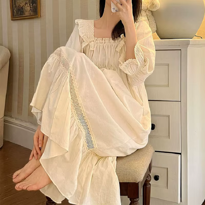 Chemise de nuit brodée vintage à manches longues pour femmes, chemise de nuit confortable, coton dou