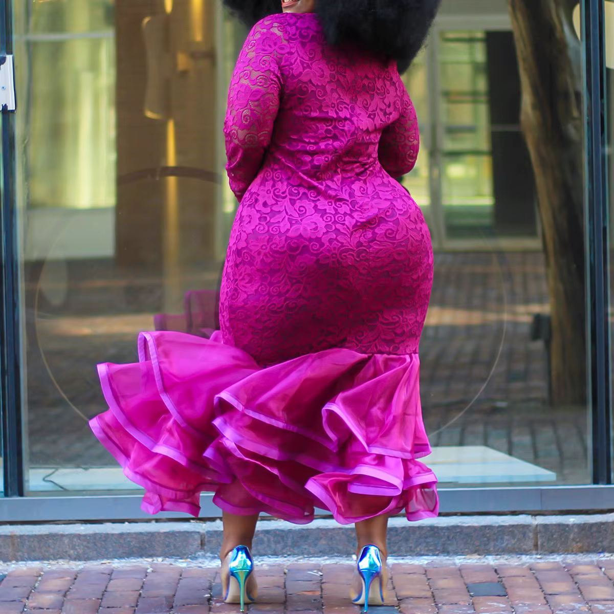 Robe de soirée en dentelle rose sexy pour femmes, manches longues sirène, taille haute, boîte de nui