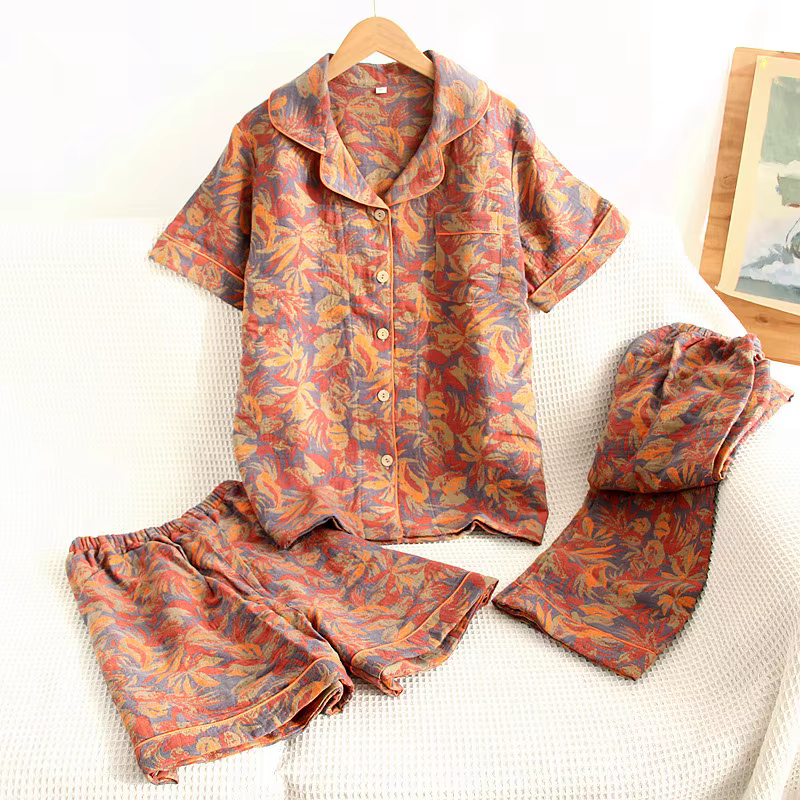 Ensemble de pyjama trois pièces en fil de coton jacquard pour femme, cardigan imprimé floral tissé, 