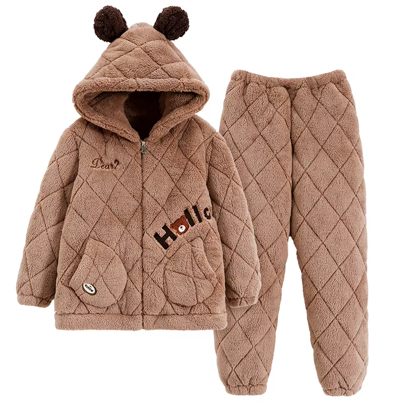 Hiver femmes pyjamas ensemble 3 couches pince coton à capuche Pijama femme épais chaud mignon dessin