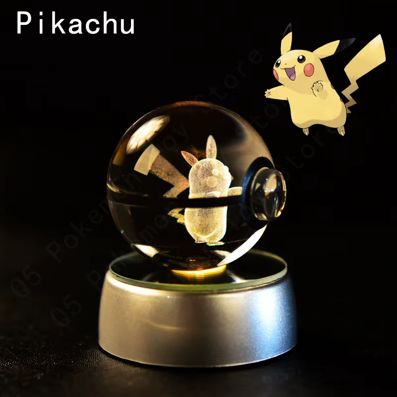 Boule de cristal Pokemon 3D Pikachu Mewtwo Mew Gengar, Base de lampe veilleuse, boule de verre Pokeb