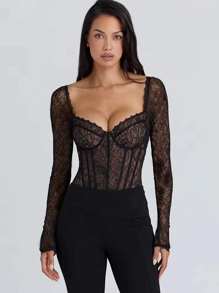 JULISSA MO Sexy col carré pure dentelle fermeture éclair femmes body à manches longues imprimé fleur