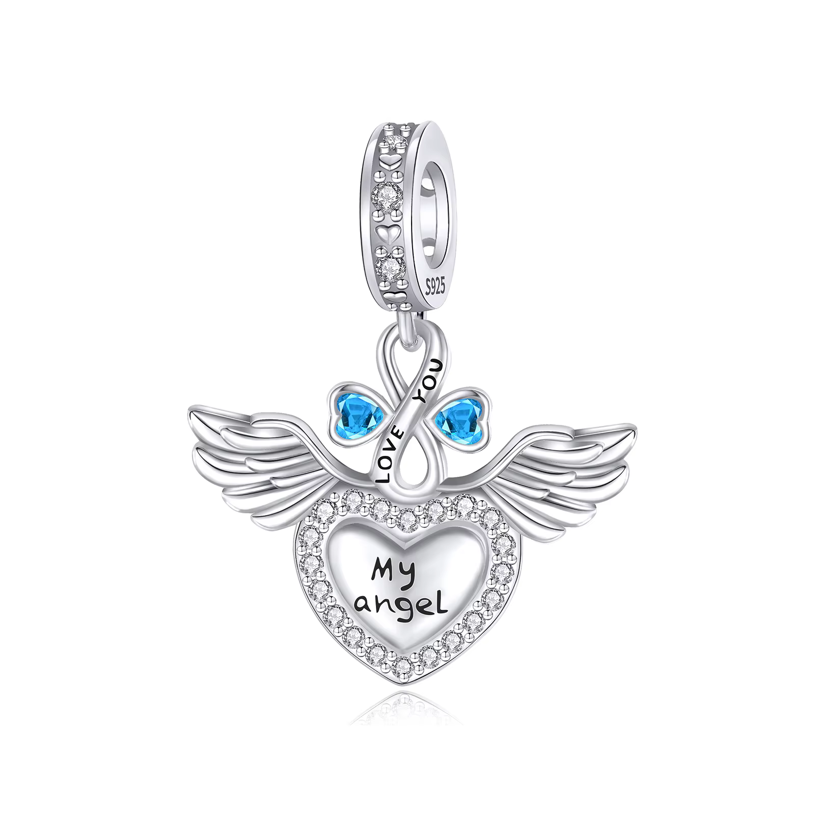 Pendentif cœur « Mon ange, je t'aime » en argent sterling 925, breloque ailes d'ange, perle CZ bleue