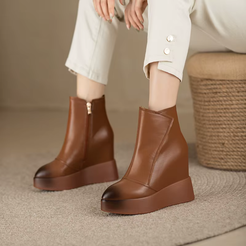 MKKBathroom-Bottes courtes en cuir pour femmes, bottes compensées pointues, bottes de rinçage décont
