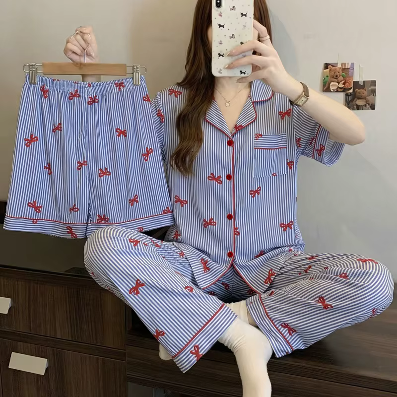 Pyjama d'été à carreaux pour filles, ensemble trois pièces vintage pour femmes, manches courtes et s
