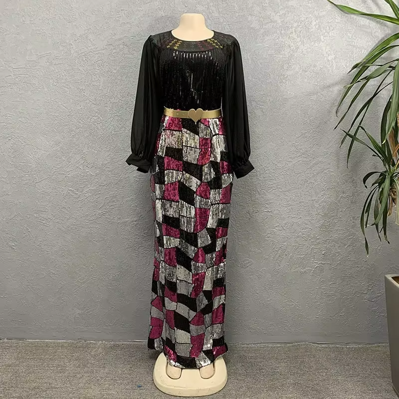 Robe de soirée formelle à manches lanternes et sequins, style africain, pour femmes, élégante, tuniq