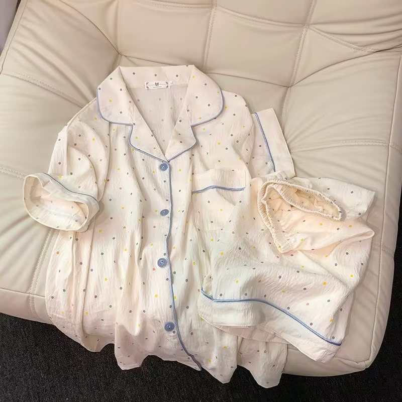 Ensemble pyjama en coton imprimé à pois pour femmes, haut à manches courtes et short, 2 pièces, déco