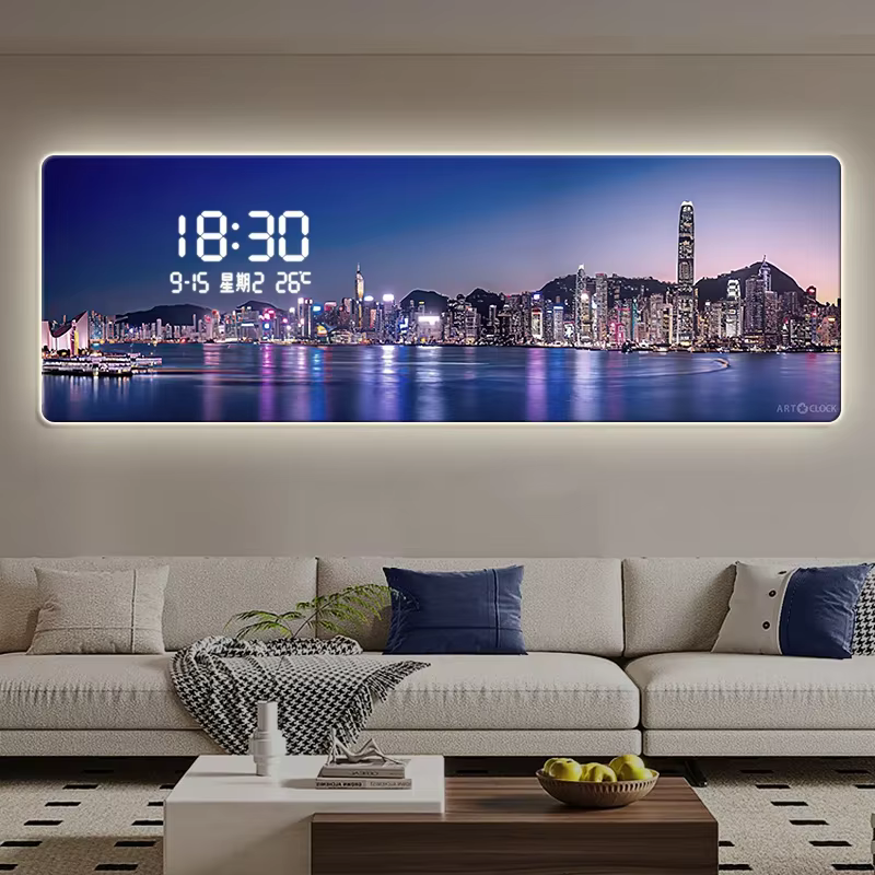 Horloge murale électronique LED imprimée avec paysage nocturne urbain, affichage numérique, base en