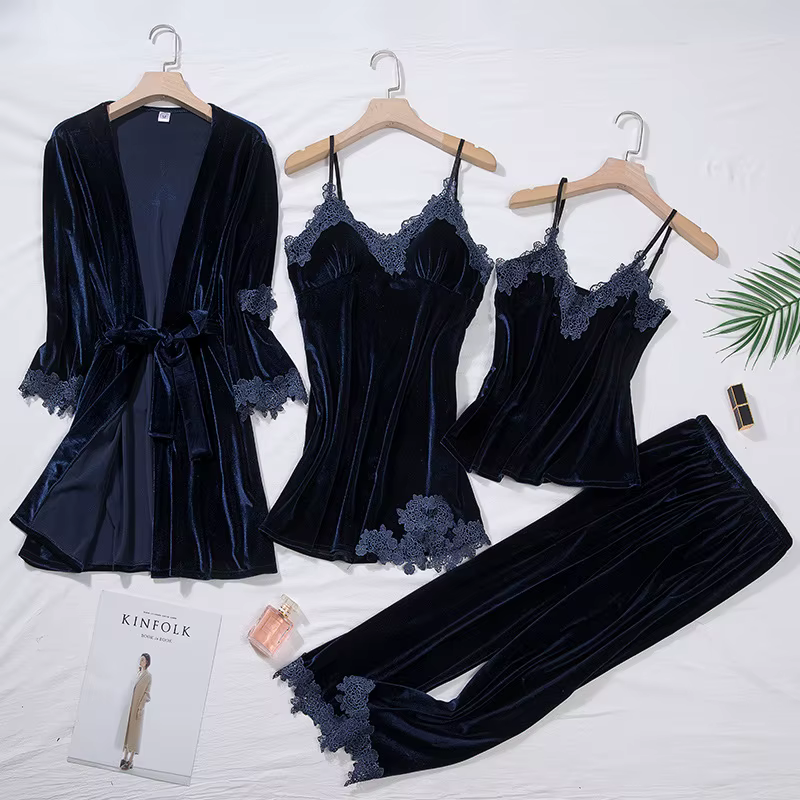Ensemble de pyjama décontracté en velours 4 pièces pour femme, lingerie intime, tenue d'intérieur à 