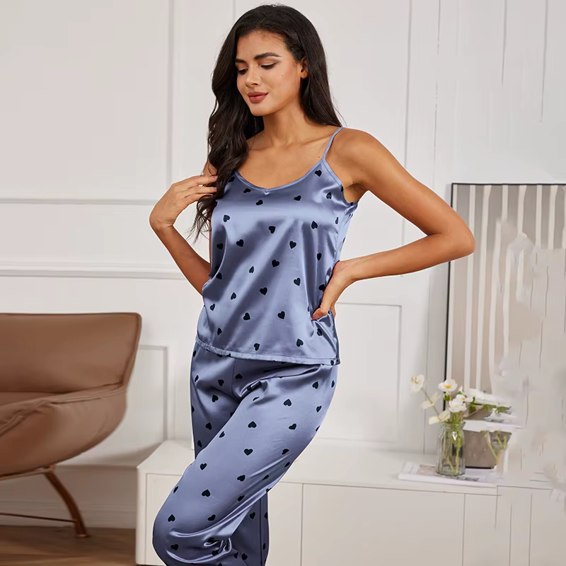 Pyjama en satin pour femme 2026 – Ensemble sexy caraco et short 2 pièces – Tenue de nuit mignonne av